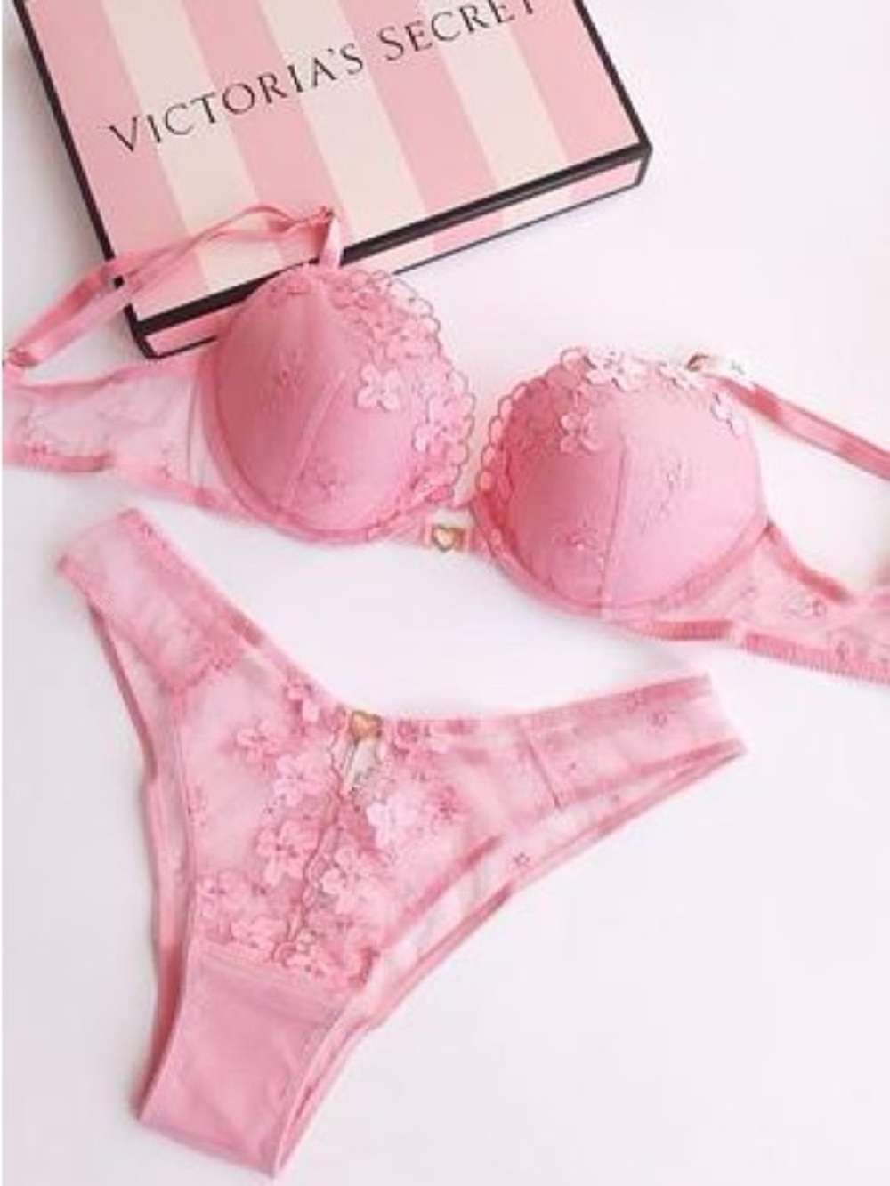 Victoria's Secret Pink Floral Lace Bra and Thong Set